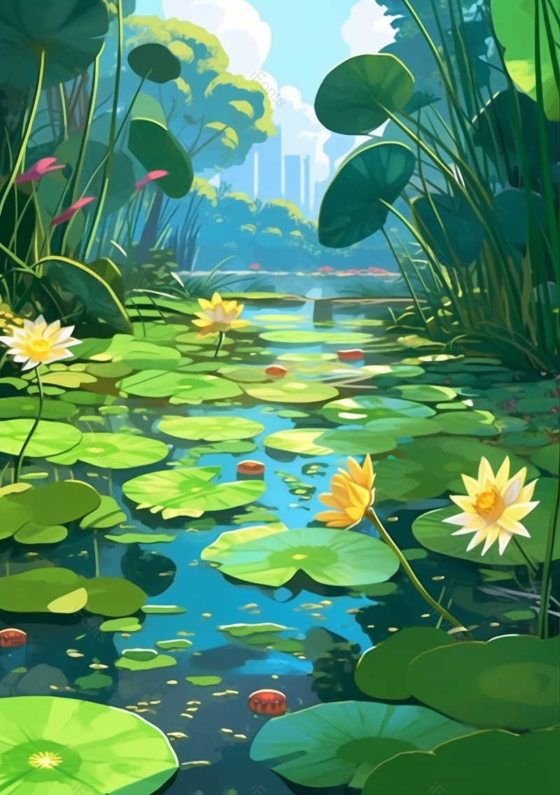 绿色大荷叶阳光下的荷花塘手绘插画,插画/手绘图,插画/手绘图库,插画/手绘图下载,插画/手绘